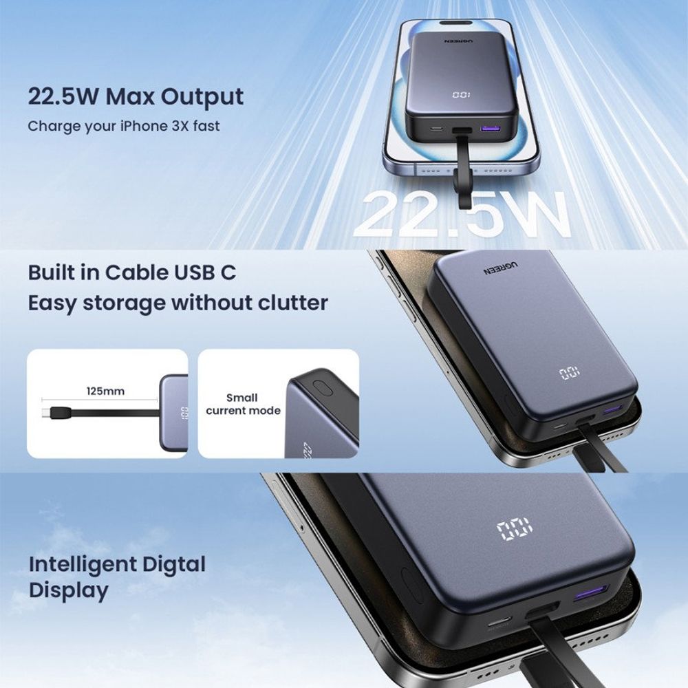 Externer Akku UGREEN PB505, 20000mAh, 22.5W, QC + PD, 1 x USB-A - 2 x USB-C, Grau