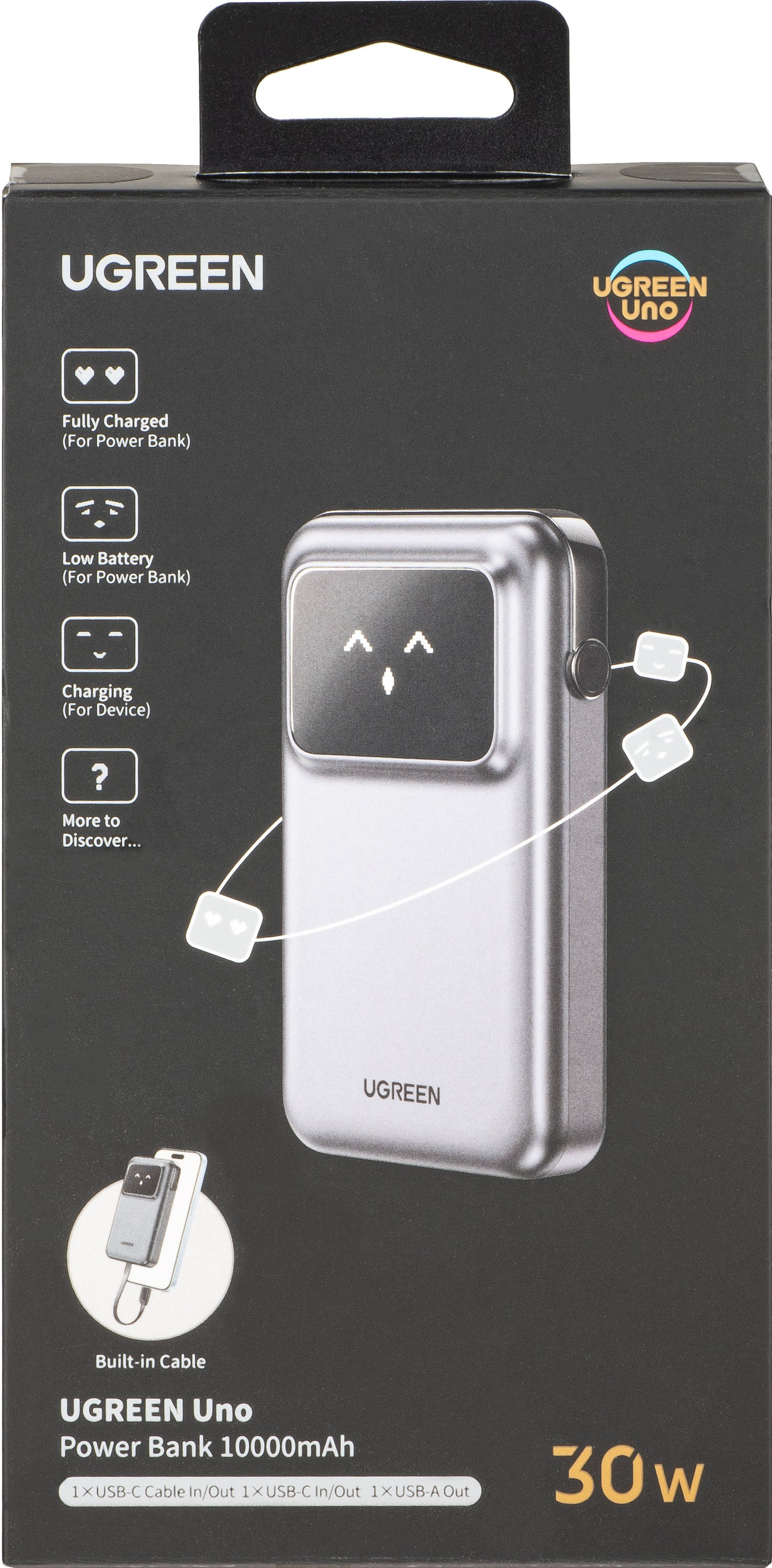 Externer Akku UGREEN PB511 Uno, 10000mAh, 30W, QC + PD, 1 x USB-A - 2 x USB-C, Grau