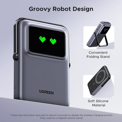 Externer Wireless-Akku UGREEN PB572 Uno, 10000mAh, 20W, PD + FQI, 1 x QI - 1 x USB-C, Grau