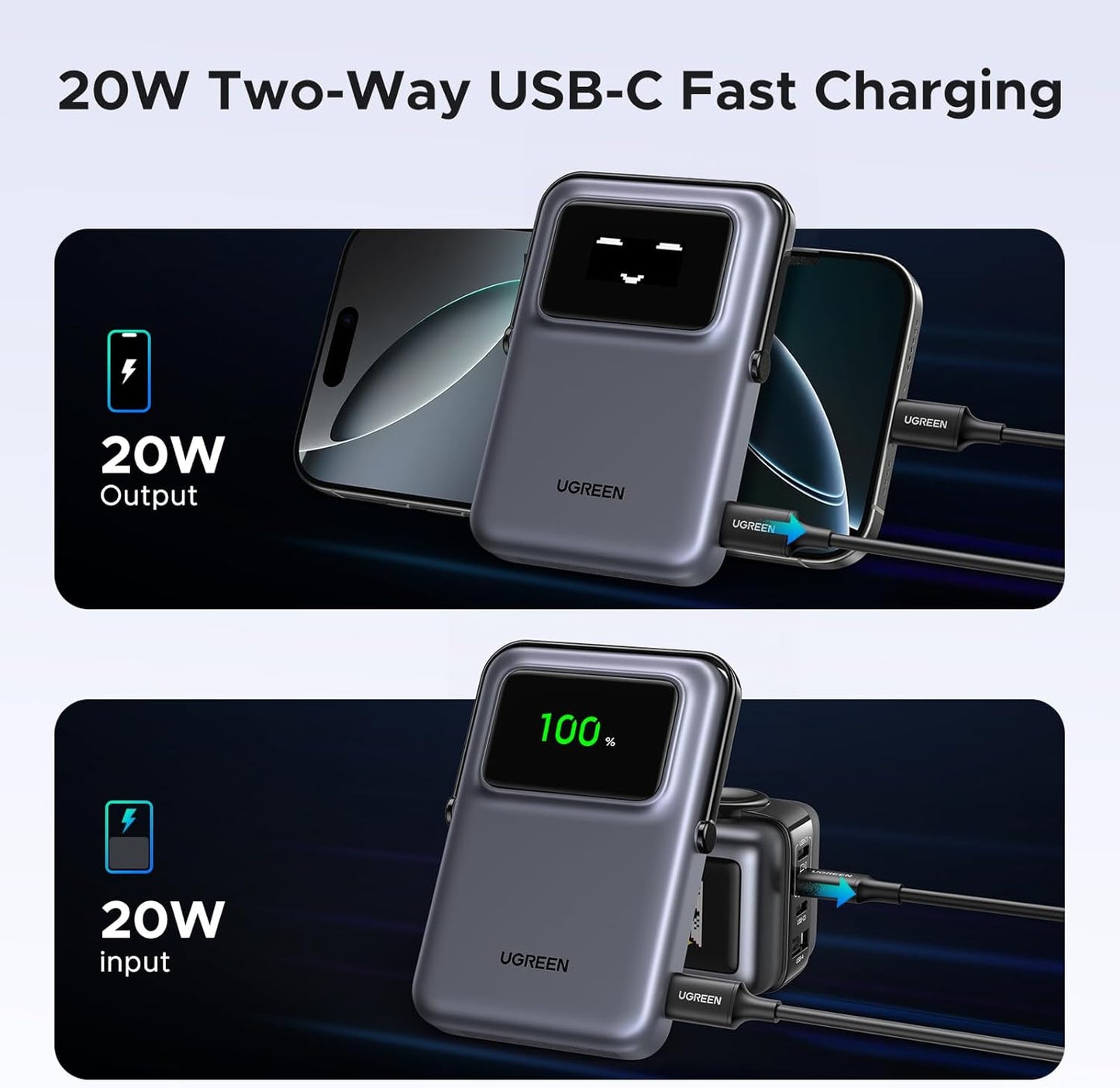Externer Wireless-Akku UGREEN PB572 Uno, 10000mAh, 20W, PD + FQI, 1 x QI - 1 x USB-C, Grau