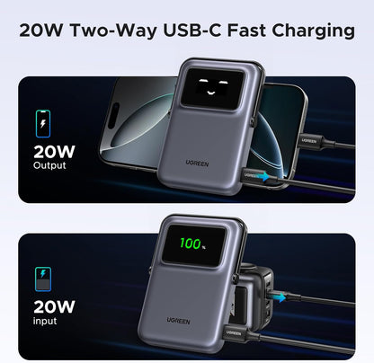 Externer Wireless-Akku UGREEN PB572 Uno, 10000mAh, 20W, PD + FQI, 1 x QI - 1 x USB-C, Grau