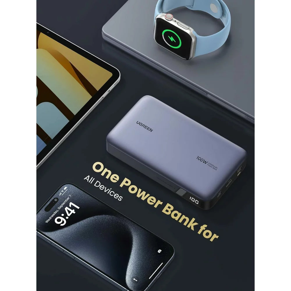 Externer Akku UGREEN PB720 Nexode, 20000mAh, 100W, QC + PD, 1 x USB-A - 2 x USB-C, Grau