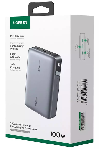 Externer Akku UGREEN PB720 Nexode, 20000mAh, 100W, QC + PD, 1 x USB-A - 2 x USB-C, Grau