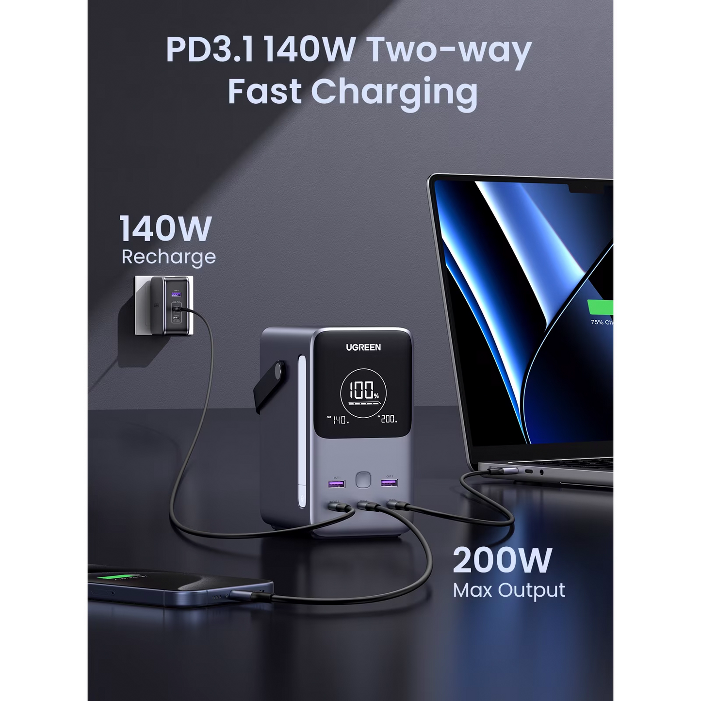 Externe Batterie UGREEN PB770, 48000mAh, 300W, QC + PD, 2 x USB-A - 3 x USB-C, Grau, Wiederverpackt