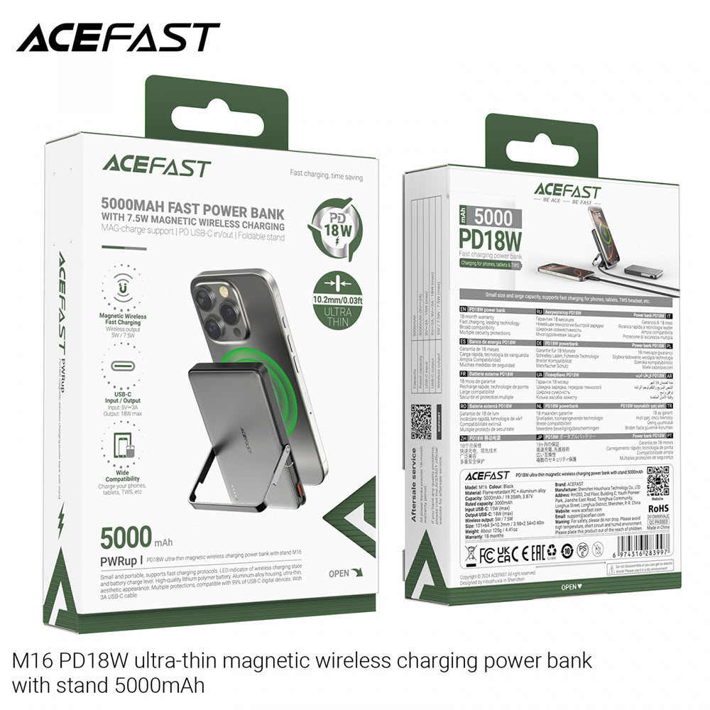 Externer Wireless Akku Acefast M16, 5000mAh, 18W, PD + FQI, 1 x QI - 1 x USB-C, Schwarz