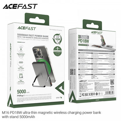 Externer Wireless Akku Acefast M16, 5000mAh, 18W, PD + FQI, 1 x QI - 1 x USB-C, Schwarz