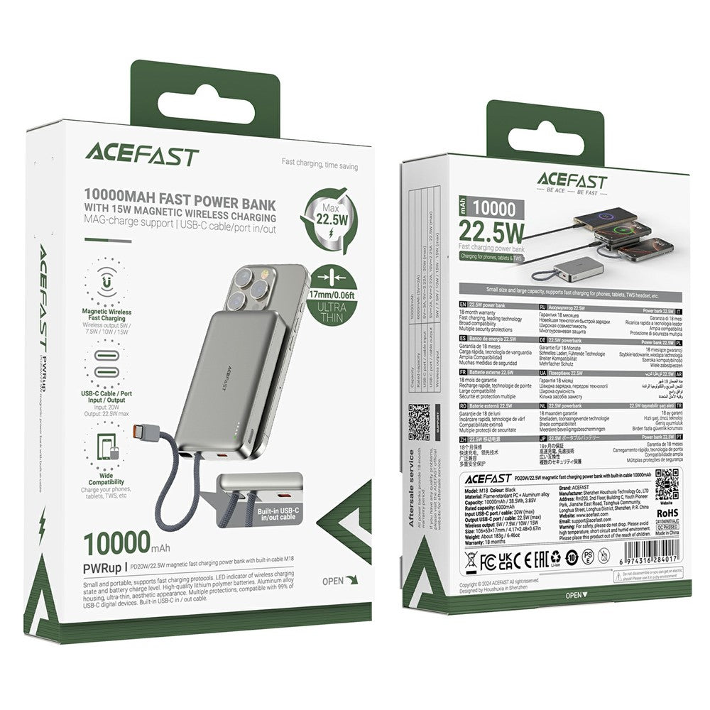 Externer Wireless-Akku Acefast M18, 10000mAh, 22.5W, PD + FQI, 1 x QI - 2 x USB-C, Schwarz