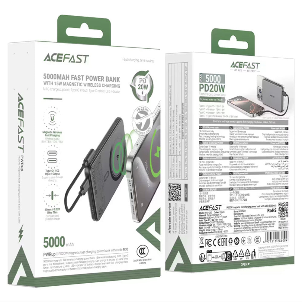 Externer Wireless Akku Acefast M30, 5000mAh, 20W, PD + FQI, 1 x QI - 2 x USB-C, Schwarz