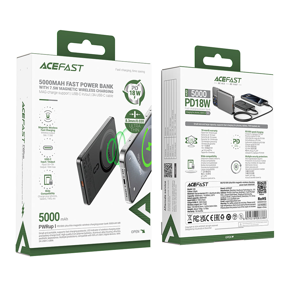 Externer Wireless Akku Acefast M8, 5000mAh, 18W, PD + FQI, 1 x QI - 1 x USB-C, Schwarz