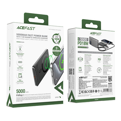 Externer Wireless Akku Acefast M8, 5000mAh, 18W, PD + FQI, 1 x QI - 1 x USB-C, Schwarz