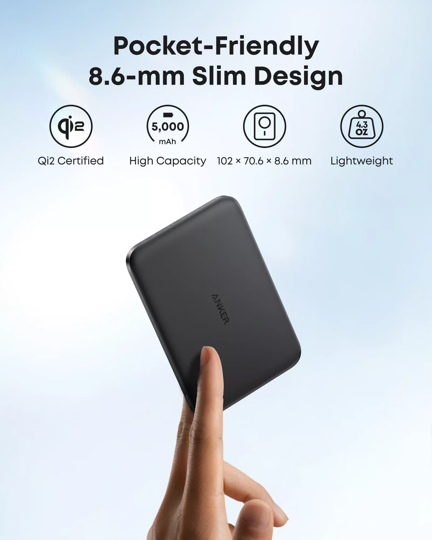 Anker Nano Wireless Powerbank, 5000mAh, 20W, PD + FQI, 1 x QI - 1 x USB-C, Schwarz A1665H11