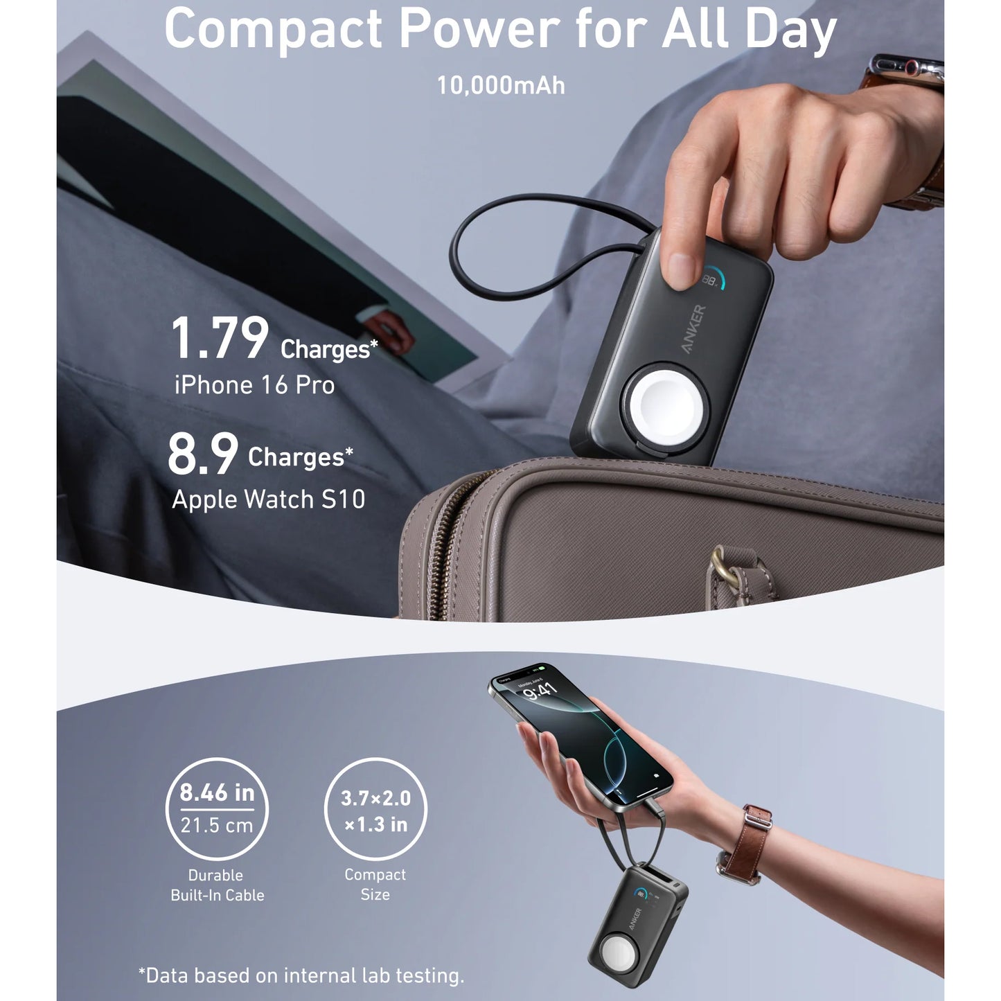 Externer Wireless Akku Anker MagGo, 10000mAh, 35W, PD + QI, 1 x QI - 2 x USB-C, Schwarz A1657H11