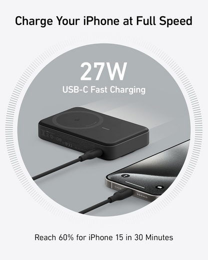 Externer Wireless Akku Anker MagGo, 10000mAh, 27W, PD + FQI, 1 x QI - 1 x USB-C, Schwarz A1654011