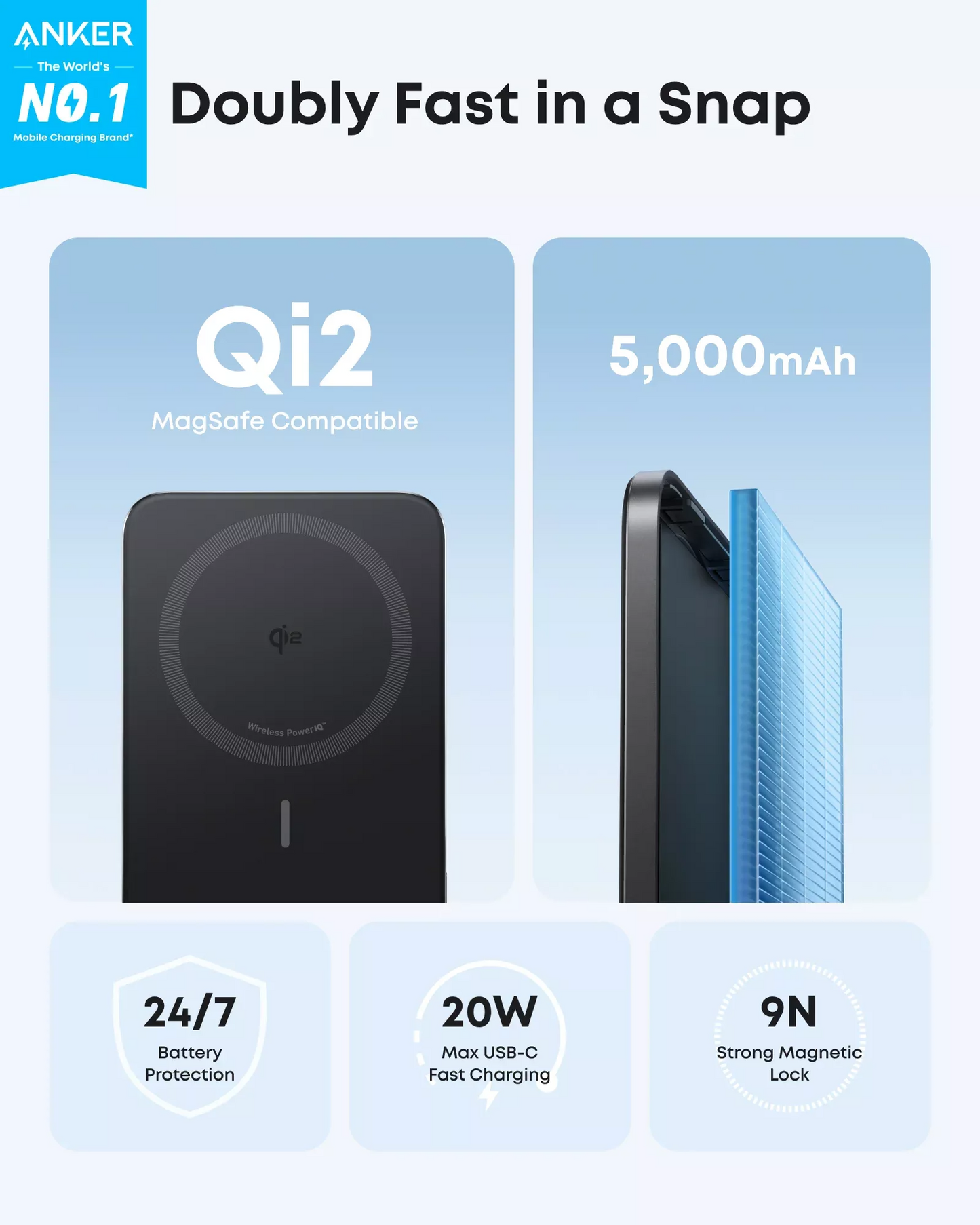 Anker Nano Wireless Powerbank, 5000mAh, 20W, PD + FQI, 1 x QI - 1 x USB-C, Schwarz A1665H11
