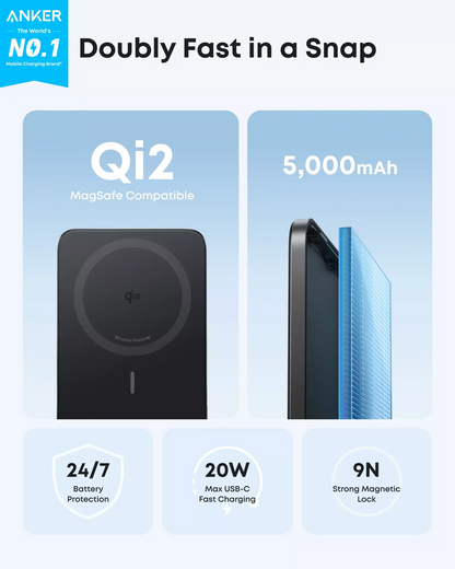 Anker Nano Wireless Powerbank, 5000mAh, 20W, PD + FQI, 1 x QI - 1 x USB-C, Schwarz A1665H11