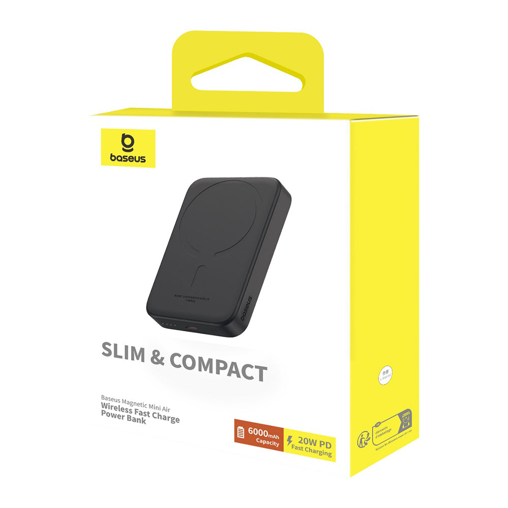 Baseus Mini Air Wireless External Battery, 6000mAh, 20W, PD + FQI, 1 x QI - 1 x USB-C, Black P10059002113-00
