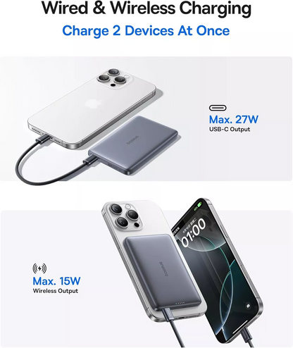Externer Wireless-Akku Baseus PicoGo AM41, 10000mAh, 27W, PD + FQI, 1 x QI - 1 x USB-C, Grau E0027200