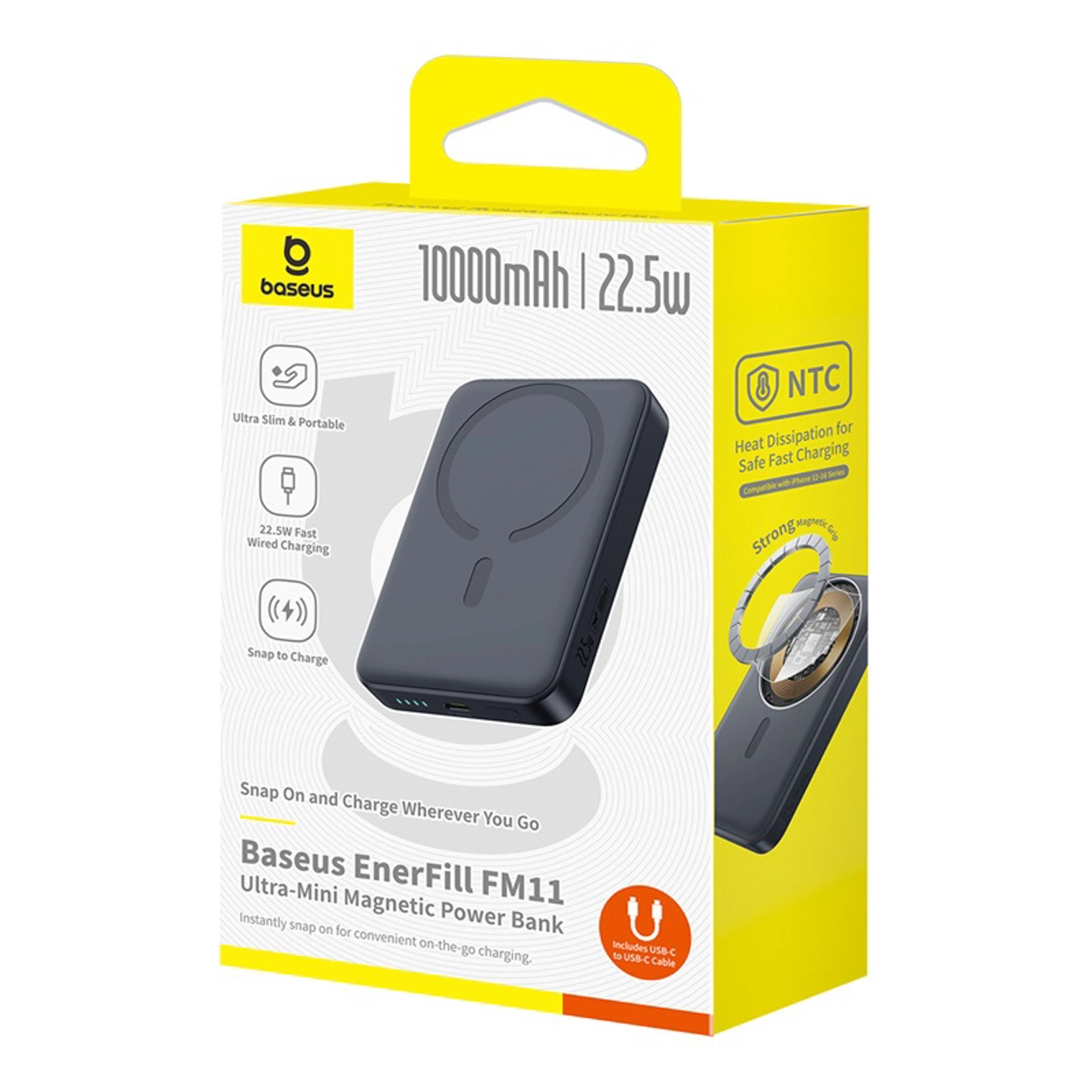 Externer Wireless-Akku Baseus EnerFill FM11 Ultra-Mini, 10000mAh, 22.5W, PD + FQI, 1 x QI - 1 x USB-C, Schwarz P1008210E123-00
