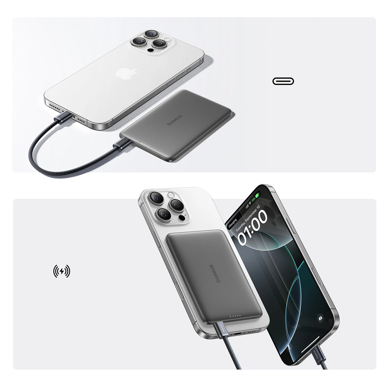 Externer Wireless-Akku Baseus PicoGo AM41, 5000mAh, 20W, PD + FQI, 1 x QI - 1 x USB-C, Schwarz