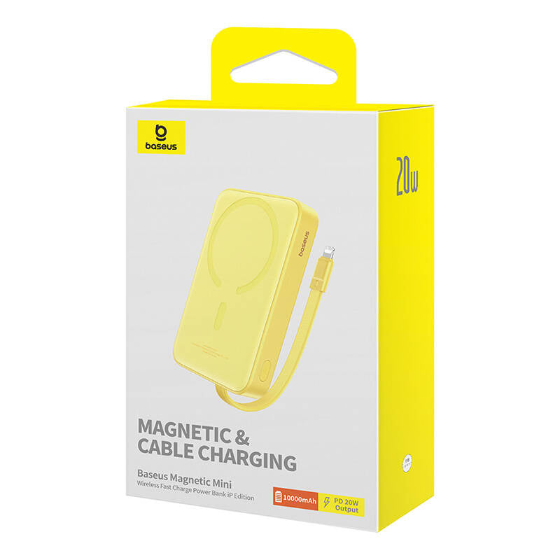 Externer Wireless-Akku Baseus Magnetic Mini, 10000mAh, 20W, PD + FQI, 1 x Lightning - 1 x QI - 1 x USB-C, Gelb P10022109Y23-00
