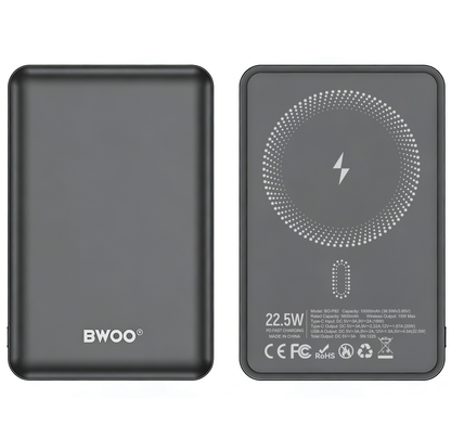 Wireless External Battery BWOO BO-P82, 10000mAh, 22.5W, PD + FQI, 1 x QI - 1 x USB-C, Gray