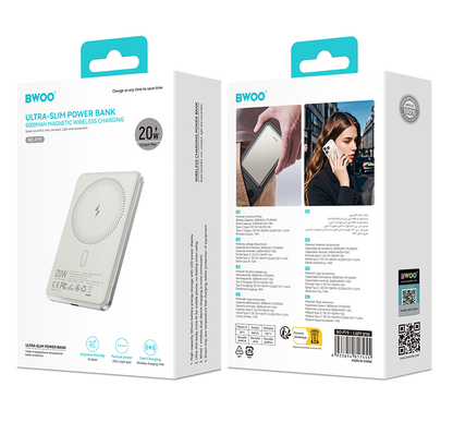 Kabellose Externe Batterie BWOO P79, 5000mAh, 20W, PD + FQI, 1 x QI - 1 x USB-C, Grau