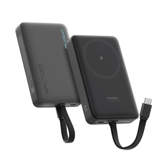 Kabellose Powerbank Cuktech WPB100L, 10000mAh, 22,5W, PD + FQI, 1 x QI - 2 x USB-C, Schwarz CKWPB100LGLBK