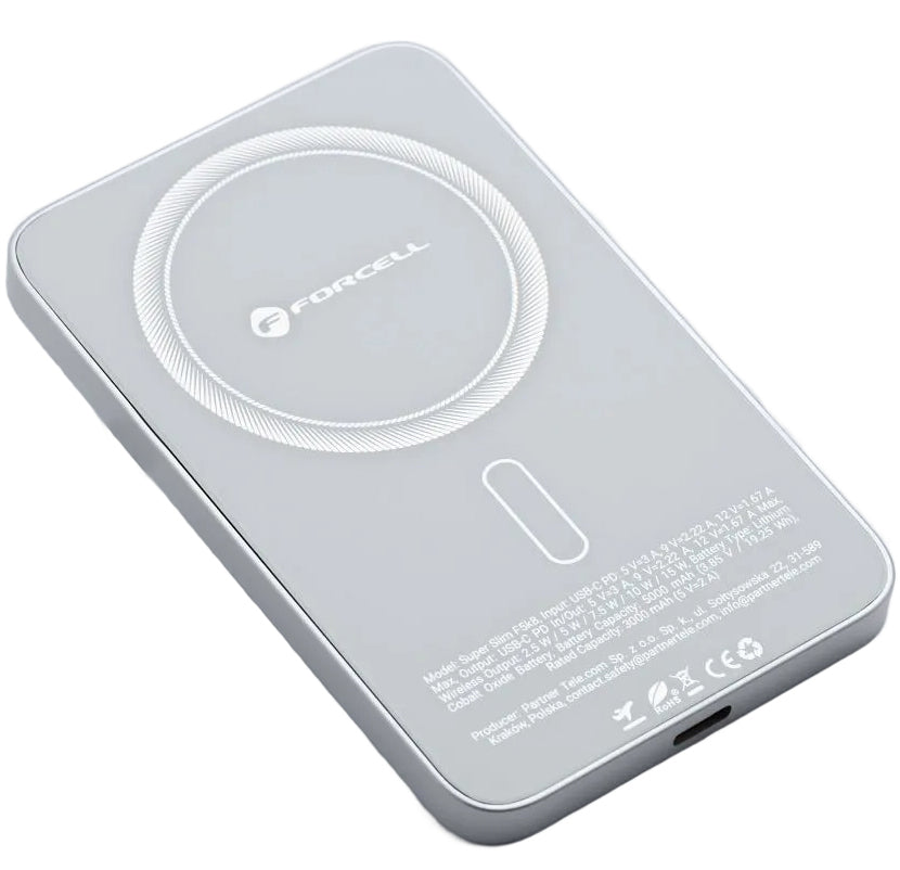 Externer Wireless-Akku Forcell F5K8, 5000mAh, 15W, PD + FQI, 1 x QI - 1 x USB-C, Weiß