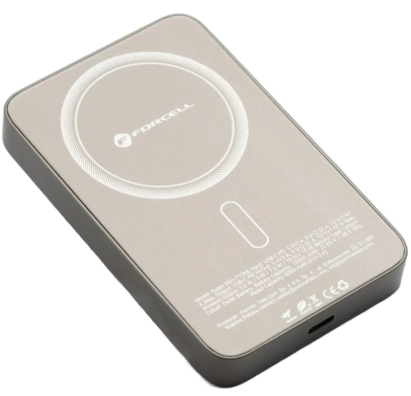 Externer Wireless-Akku Forcell F10K8, 10000mAh, 15W, PD + FQI, 1 x QI - 1 x USB-C, Gold