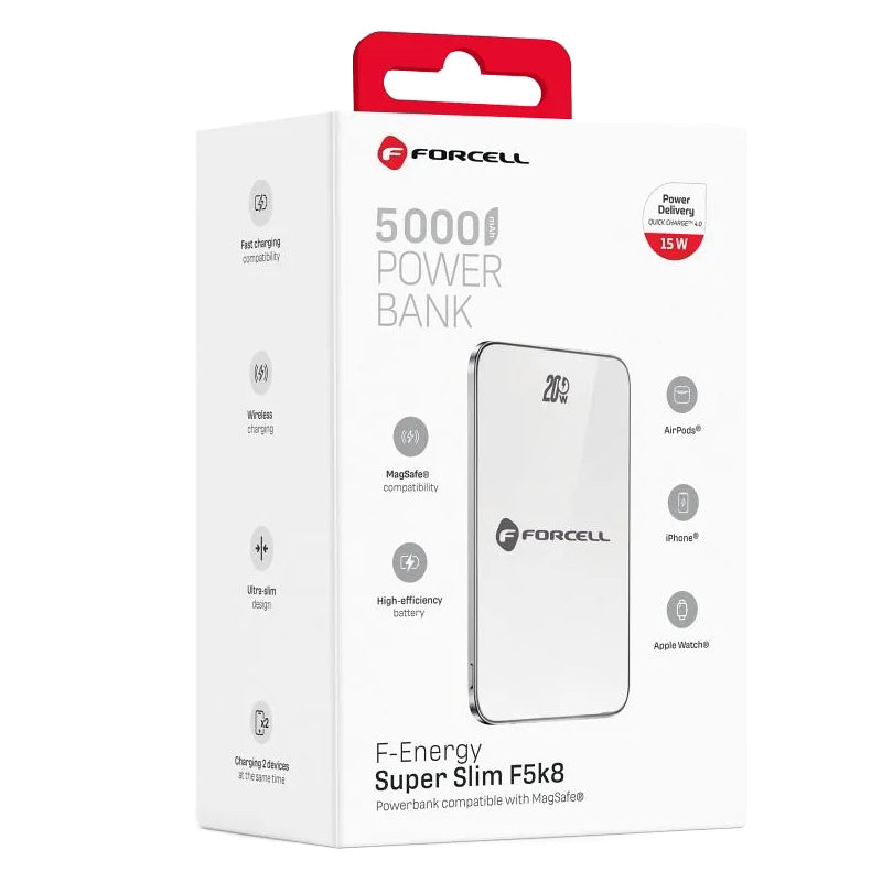 Externer Wireless-Akku Forcell F5K8, 5000mAh, 15W, PD + FQI, 1 x QI - 1 x USB-C, Weiß