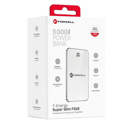 Externer Wireless-Akku Forcell F5K8, 5000mAh, 15W, PD + FQI, 1 x QI - 1 x USB-C, Weiß