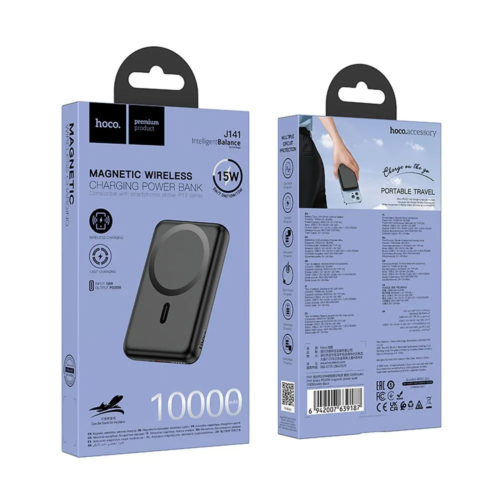 Externer Wireless-Akku HOCO J141, 10000mAh, 20W, PD + FQI, 1 x QI - 1 x USB-C, Schwarz