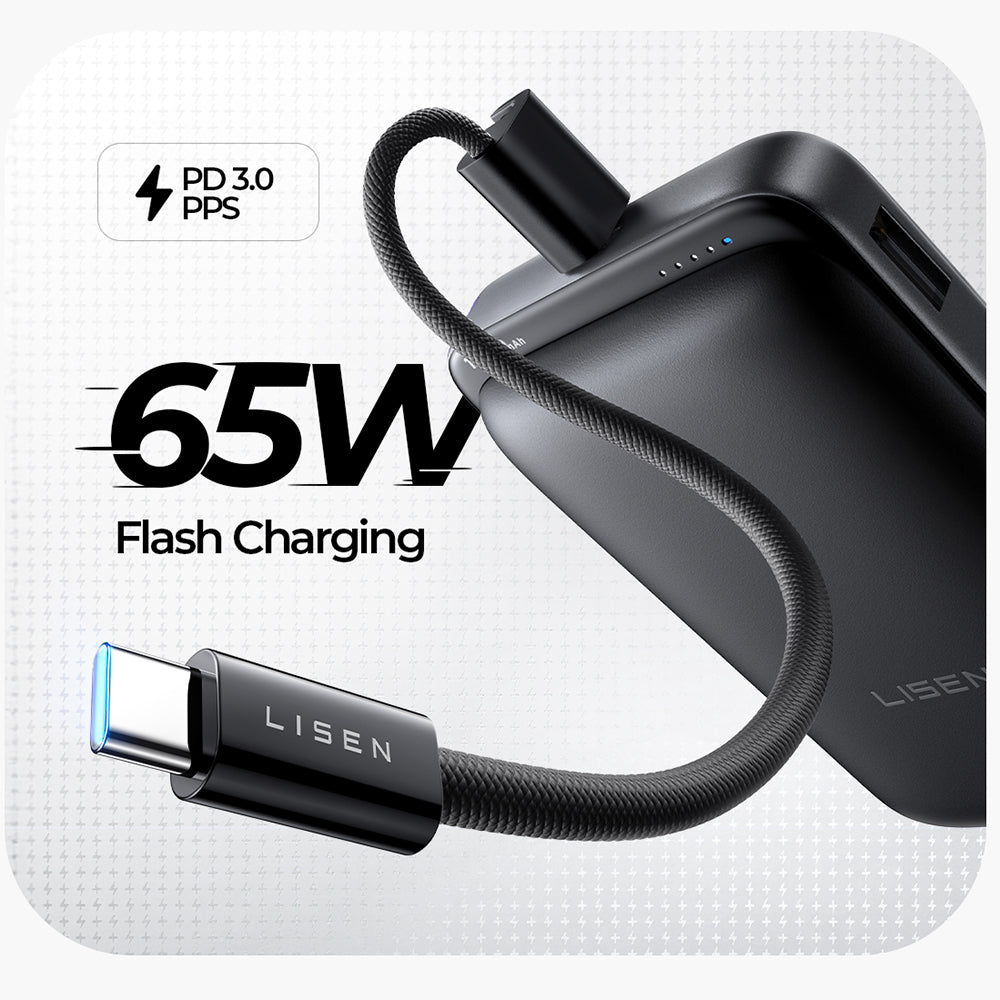 Wireless Externe Batterie Lisen P604, 10000mAh, 65W, QC + PD + FQI, 1 x QI - 1 x USB-A - 1 x USB-C, Schwarz