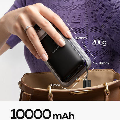 Wireless Externe Batterie Lisen P604, 10000mAh, 65W, QC + PD + FQI, 1 x QI - 1 x USB-A - 1 x USB-C, Schwarz