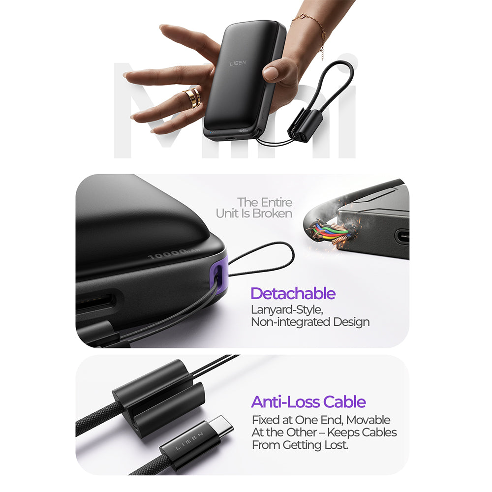 Wireless Externe Batterie Lisen P604, 10000mAh, 65W, QC + PD + FQI, 1 x QI - 1 x USB-A - 1 x USB-C, Schwarz