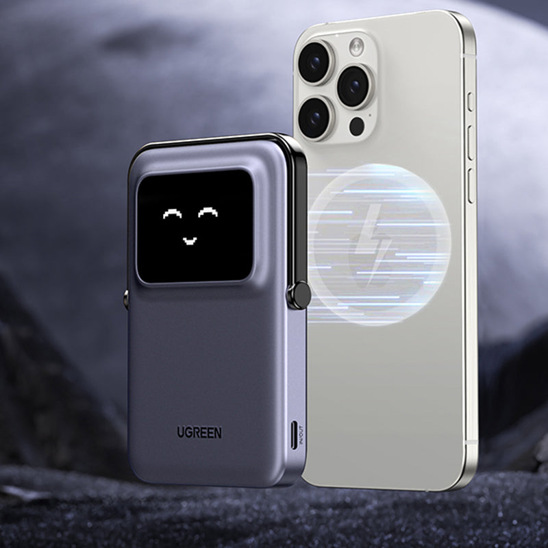 Externer Wireless-Akku UGREEN PB571 Uno, 5000mAh, 20W, PD + FQI, 1 x QI - 1 x USB-C, Lila