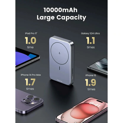 UGREEN PB206 Wireless External Battery, 10000mAh, 20W, QC + PD + FQI, 1 x QI - 1 x USB-A - 1 x USB-C, Grey 