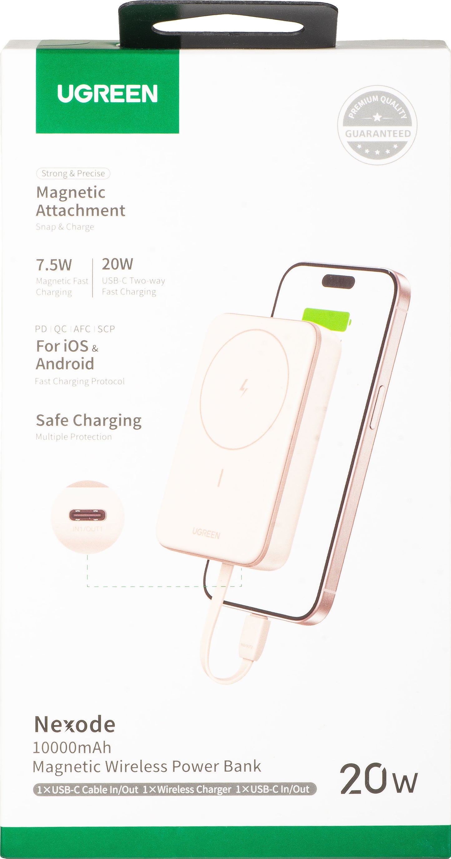 Externer Wireless-Akku UGREEN PB760, 10000mAh, 20W, PD + FQI, 1 x QI - 1 x USB-C, Beige