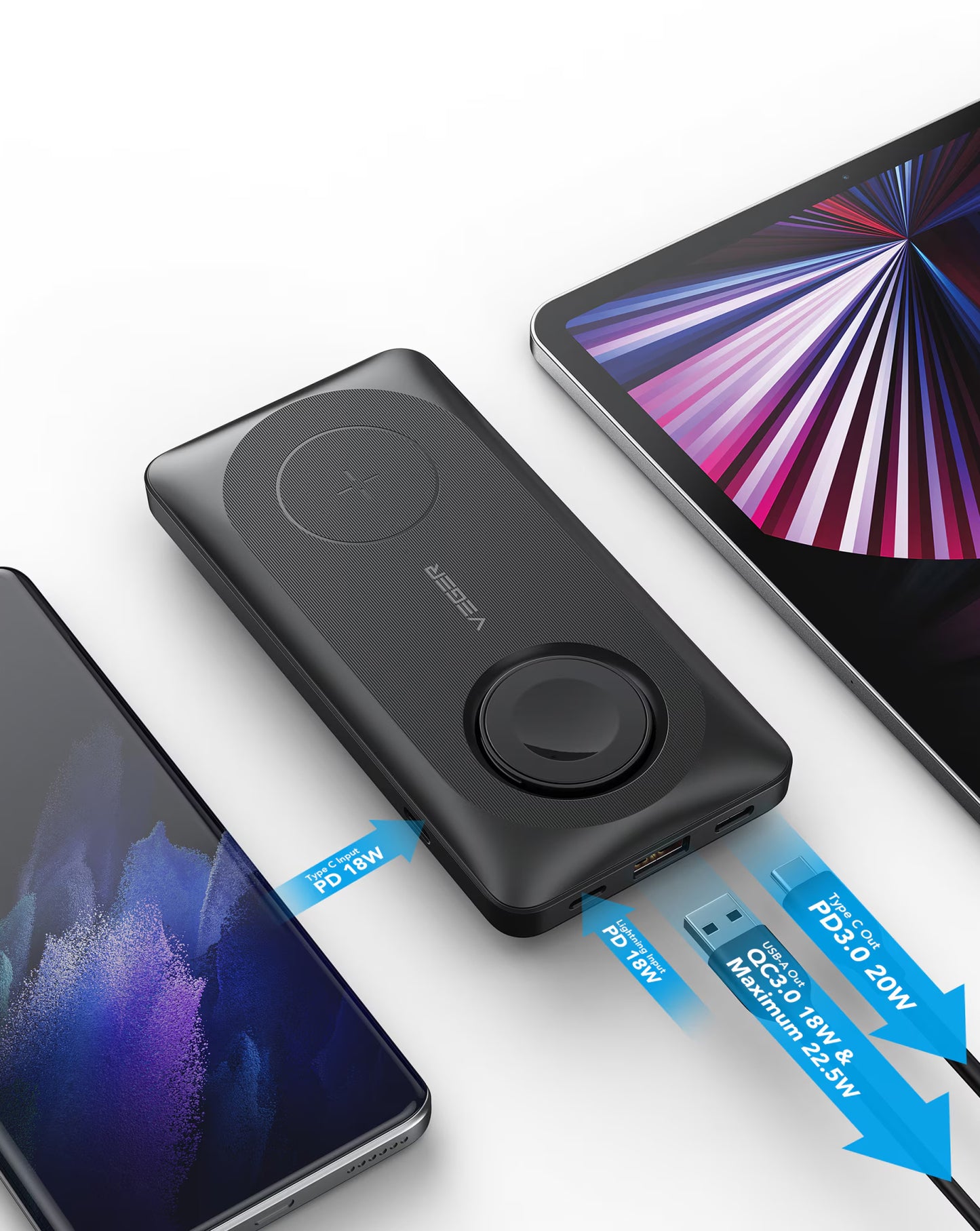 Externer Wireless-Akku Veger MagMulti W1156, 10000mAh, 22.5W, QC + PD + FQI, 2 x QI - 1 x USB-A - 1 x USB-C, Schwarz