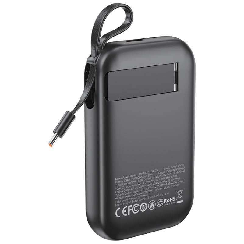 Externer Wireless-Akku XO Design PR270, 10000mAh, 22.5W, QC + PD + QI, 1 x QI - 1 x USB-A - 1 x USB-C, Schwarz