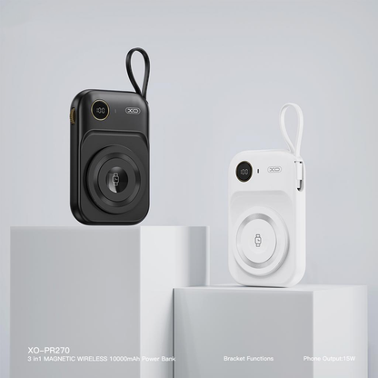 Externer Wireless-Akku XO Design PR270, 10000mAh, 22.5W, QC + PD + QI, 1 x QI - 1 x USB-A - 1 x USB-C, Schwarz