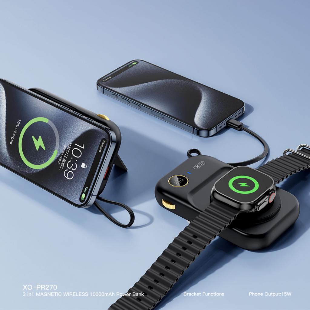 Externer Wireless-Akku XO Design PR270, 10000mAh, 22.5W, QC + PD + QI, 1 x QI - 1 x USB-A - 1 x USB-C, Schwarz