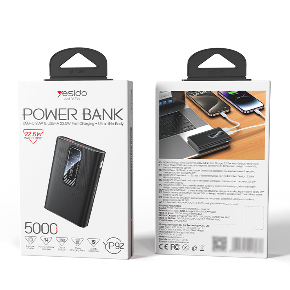 Yesido YP92 External Battery, 5000mAh, 22.5W, QC + PD, 1 x USB-A - 1 x USB-C, Black