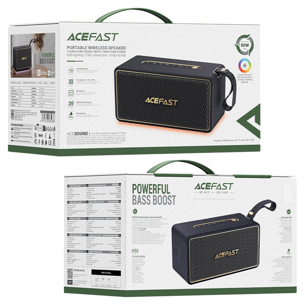 Tragbarer Bluetooth-Lautsprecher Acefast K3 Max, 80W, RGB, Wasserdicht, Schwarz