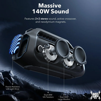 Tragbarer Bluetooth-Lautsprecher Anker SoundCore Boom 2 Plus, 140W, TWS, RGB, wasserdicht, Schwarz A3134011