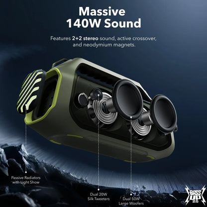 Tragbarer Bluetooth-Lautsprecher Anker Soundcore Boom 2 Plus, 140W, RGB, wasserdicht, grün A3134061 