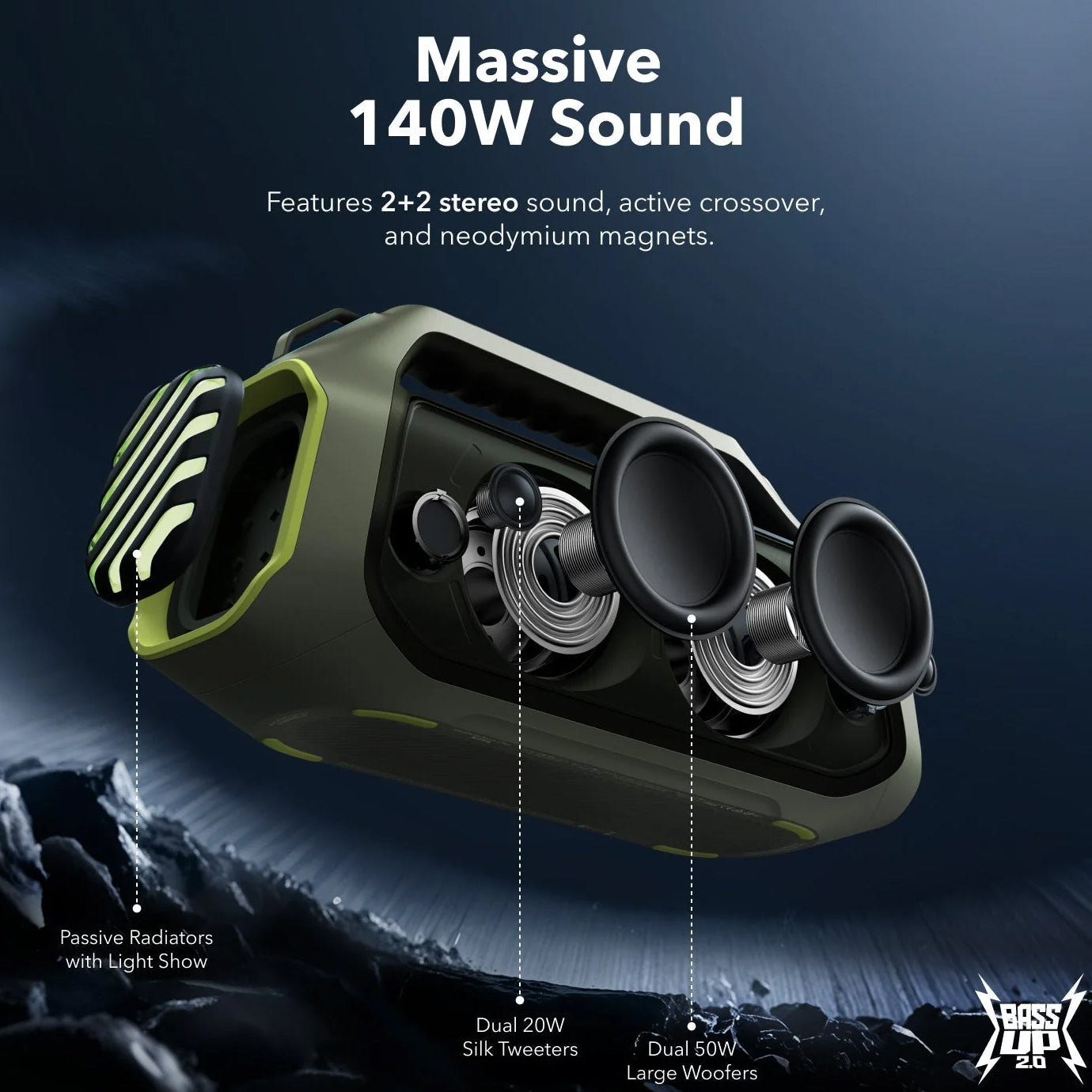 Tragbarer Bluetooth-Lautsprecher Anker SoundCore Boom 2 Plus, 140W, TWS, RGB, wasserdicht, Grün A3134061