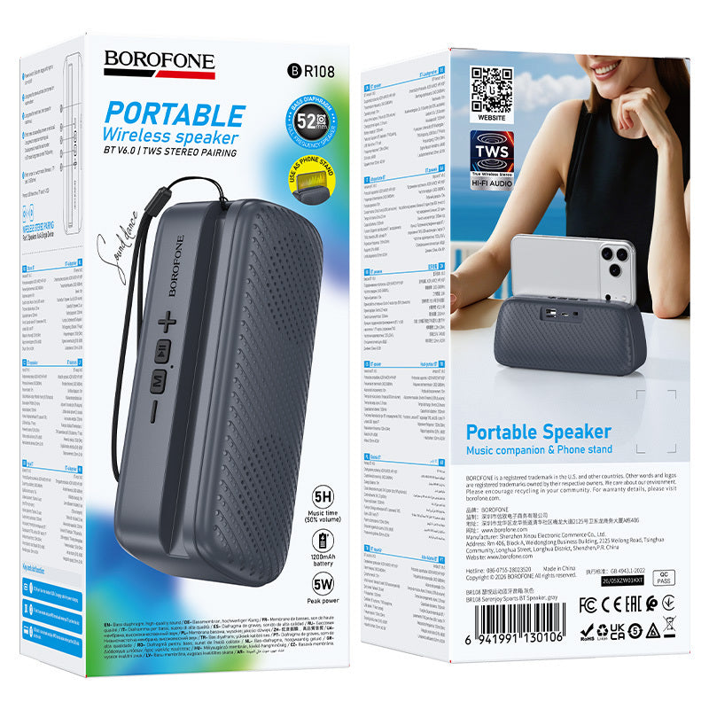 Borofone BR108 Serenjoy tragbarer Bluetooth-Lautsprecher, 5 W, TWS, Grau
