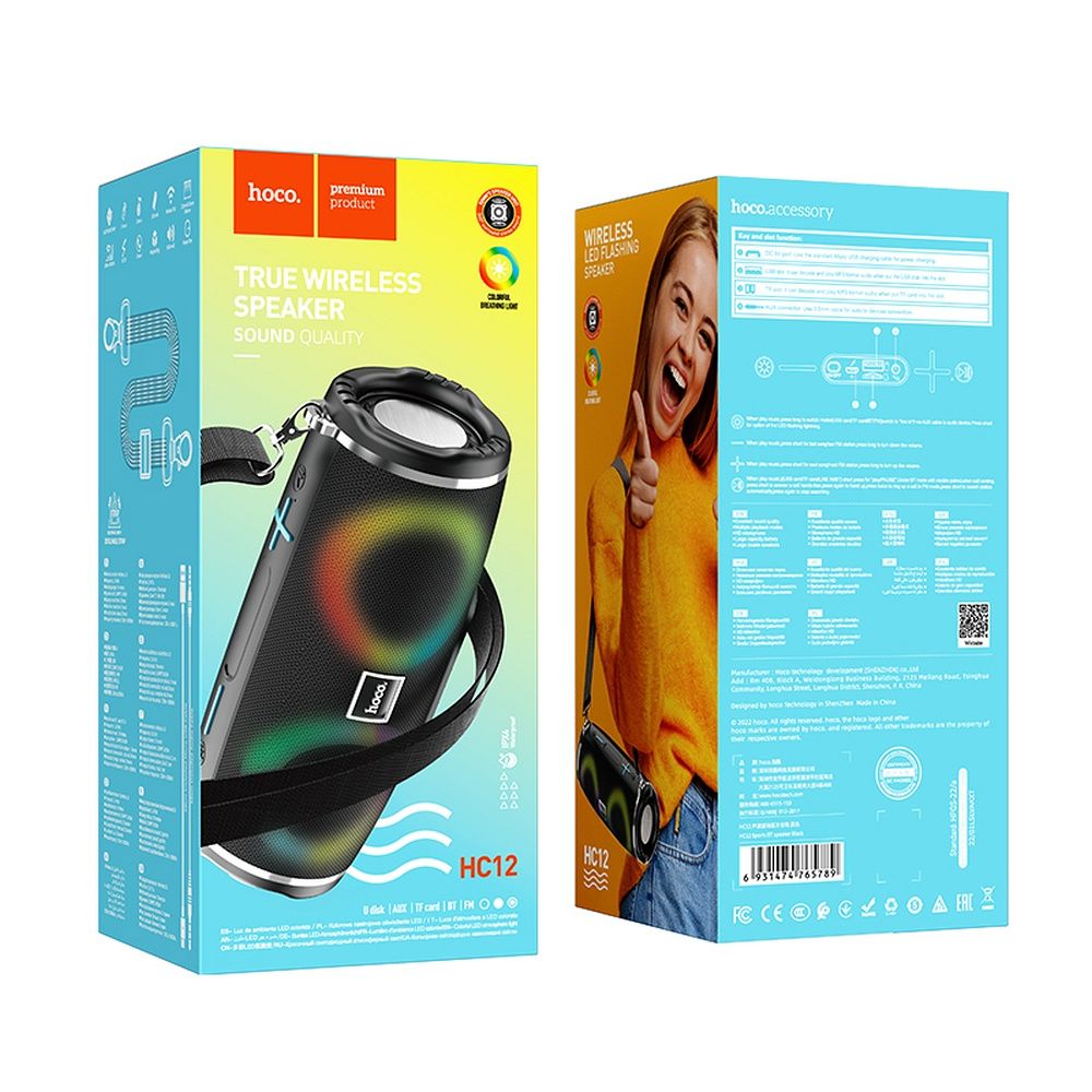 Tragbarer Bluetooth-Lautsprecher HOCO HC12, 10W, RGB, wasserdicht, Schwarz