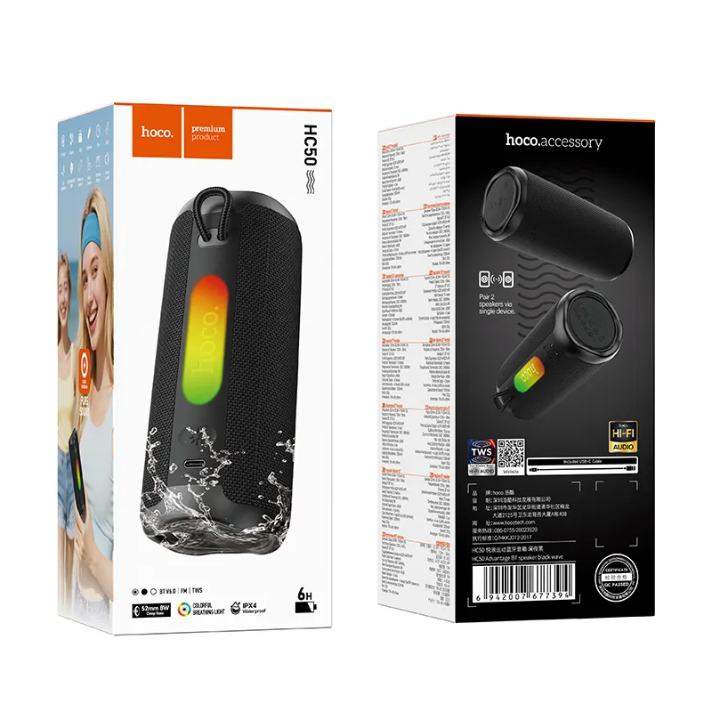 Tragbarer Bluetooth-Lautsprecher HOCO HC50, 8W, TWS, RGB, wasserdicht, schwarz